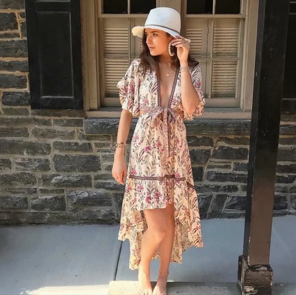 New Boho Cut Out Summer Floral Maisie Bambi Beach Dress Cream Pink Purple - Picture 10 of 12